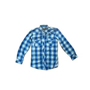 Cowboy Legend Western Pearl Snap Shirt Mens M Blue Turquoise Plaid Long Sleeve